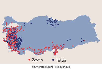 Turkey Economic Geography map - Map of agricultural products grown in Turkey