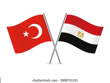 Turkey and Egypt crossed flags. Turkish and Egyptian flags on a white background. Vector icon set. Vector illustration.
