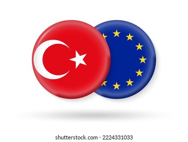 Turkey and EU circle flags. 3d icon. European Union and Turkish national symbols. Vector illustration.