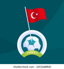 Turkey euro 2020 vector flag pinned to a soccer ball. European football 2020 tournament final stage. Official championship colors and style.