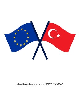 Turquía y la Unión Europea. Se cruzaron dos banderas. Símbolo de reunión, asociación o negociación. Diseño plano de ilustración vectorial. Aislado sobre fondo blanco. 
