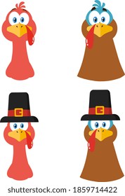 Turkey Face Cartoon Character Flat Design. Vector Collection Isolated On White Background