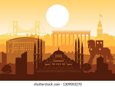Turkey famous landmark silhouette style with row design on sunset time,vintage color,vector illustration