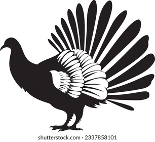 Turkey with feathers fanned out, Basic simple Minimalist vector graphic, isolated on white background, black and white