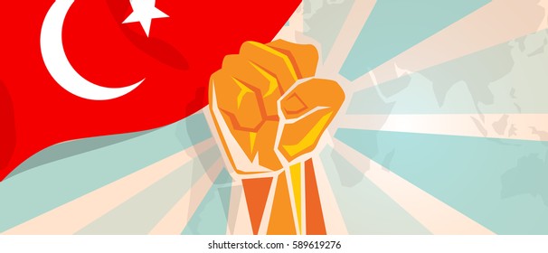 Turkey fight and protest independence struggle rebellion show symbolic strength with hand fist illustration and flag vector