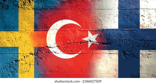 Turkey, Finland And Sweden Flag Ripped Paper Grunge Background. Abstract NATO Membership, Politics Conflicts, War Concept Texture Background