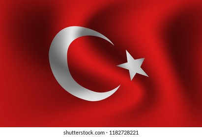 Turkey flag 3D of white crescent moon and star on red color background. Republic of Turkey official national flag waving with curved fabric or waves vector texture