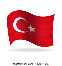 Bandera turca 3D de luna creciente blanca y estrella con fondo de color rojo. República Turca País europeo oficial bandera nacional ondeando con tela curvada o textura vectorial de olas