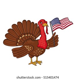 turkey with flag of America, isolated on the white background, vector Illustration