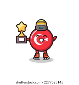 turkey flag badge cartoon as an ice skating player hold winner trophy , cute style design for t shirt, sticker, logo element