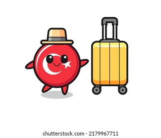turkey flag badge cartoon illustration with luggage on vacation , cute style design for t shirt, sticker, logo element