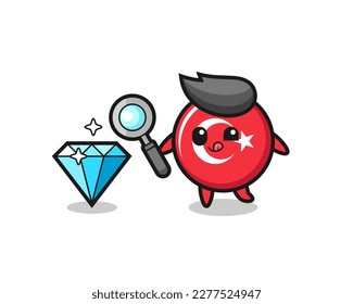 turkey flag badge mascot is checking the authenticity of a diamond , cute style design for t shirt, sticker, logo element