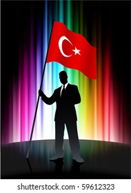 Turkey Flag with Businessman on Abstract Spectrum Background Original Illustration