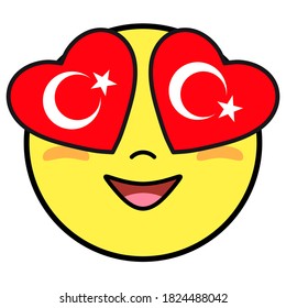Turkey flag button. Patriotic smile in hearts glasses. Emoji icon isolated on white background.
