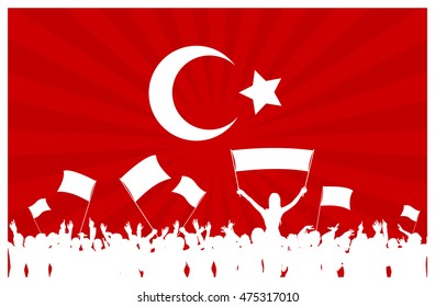 Turkey flag with cheering, celebrating or protesting crowd of people with flags and banners