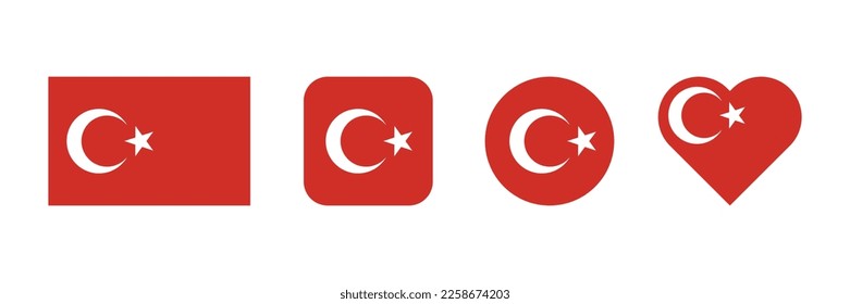 Bandera de Turquía. Bandera de Turquía en diferente forma. Conjunto de símbolos de Türkiye. Terremoto en Turquía. Forma cardíaca en rojo. Icono de Apoyo a Turquía