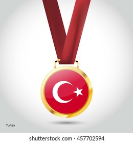 Turkey Flag in gold Medal. Vector Illustration. RIO Olympic Game gold Medal. Vector Illustration