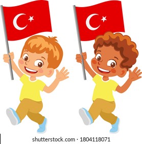 Turkey flag in hand. Children holding flag. National flag of Turkey vector