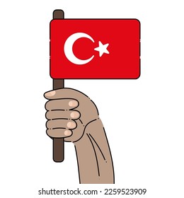 Turkey flag. The hand of a man who holds the flag of Turkey. Cartoon color vector illustration.