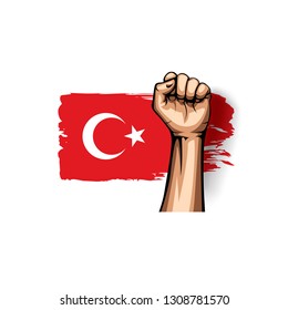 Turkey flag and hand on white background. Vector illustration