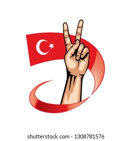 Turkey flag and hand on white background. Vector illustration