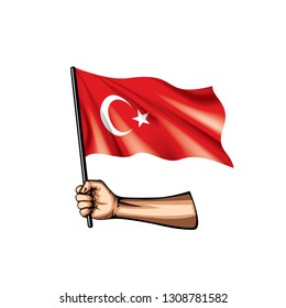 Turkey flag and hand on white background. Vector illustration