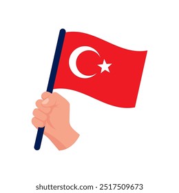 Turkey flag in hand. The patriot holds the national flag in hand. Isolated on white background. Vector illustration flat design. 