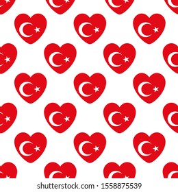 Turkey flag heart shape seamless pattern vector white background. 