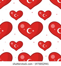 Turkey flag in heart. Heart shaped flag seamless pattern. Vector illustration