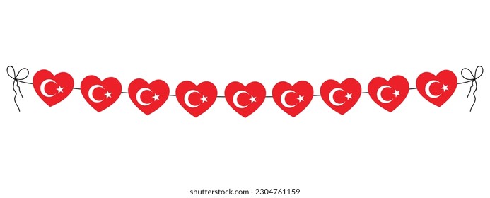 Turkey flag hearts garland, string of hearts, decoration, vector illustration