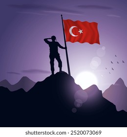 Bandeira da Turquia hasteada em um pico de montanha com um pôr do sol roxo no fundo, ilustração vetorial