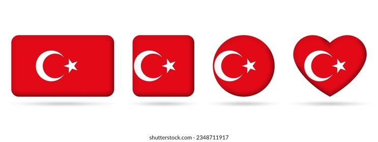Turkey flag icon or badge set. Turkish square, heart and circle national symbol or banner. Vector illustration.