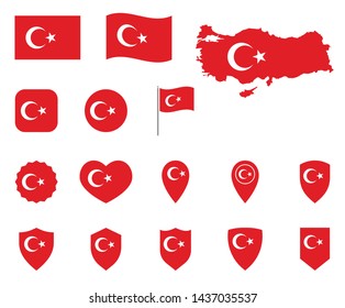 Turkey flag icon set, flag of the Republic of Turkey symbols