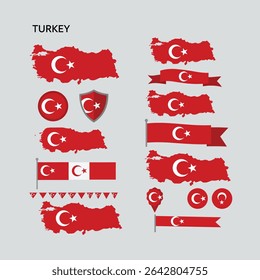 "Turkey Flag Icon Set – Turkish National Symbols with Map, Crescent Moon, Star, Shield, and Banner Designs in Red and White"