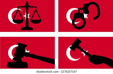 Turkey flag with justice vector silhouette, judge gavel hammer and scales of justice and handcuff silhouette on country flag, Turkey law concept, design asset, freedom idea