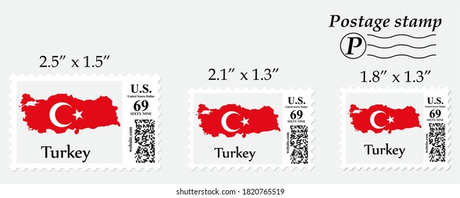 Turkey flag map on postage stamp different size.