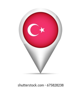 Turkey flag map pointer with shadow. Vector illustration