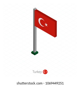 Turkey Flag on Flagpole in Isometric dimension. Isometric blue background. Vector illustration.