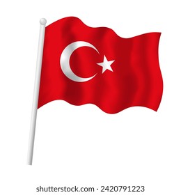 Bandera de Turquía en asta ondeando en el viento. Imagen vectorial aislada de la bandera turca media luna blanca y estrella sobre fondo rojo.