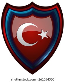 Turkey Flag on a Glossy Red Shield, Vector Illustration isolated on White Background.