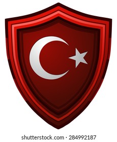 Turkey Flag on a Glossy Red Shield, Vector Illustration isolated on White Background.