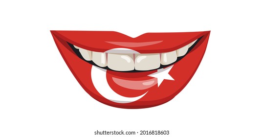 Die türkische Flagge auf den Lippen. Eine Frau lächelt mit weißen Zähnen. Vektorgrafik.