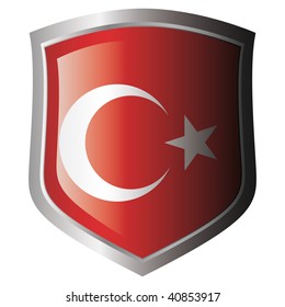 turkey flag on metal shiny shield. Collection of flags on shield against white background. Isolated object.