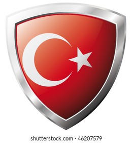 Turkey flag on metal shiny shield vector illustration. Collection of flags on shield against white background. Abstract isolated object.