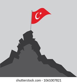 Turkey flag on the mountain peak. Business concept, goal achievement, success, winning. Flat style,flag of Turkey, vector illustration.EPS10.