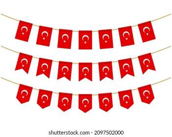 Turkey flag on the ropes on white background. Set of Patriotic bunting flags. Bunting decoration of Turkey flag