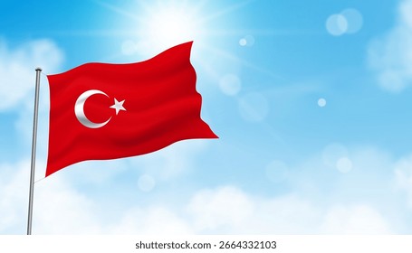Türkiye (Turquía) Bandera en azul celeste para celebrar los días nacionales de Turquía, 15 de julio Democracia República de Turquía.30 de agosto Día de la Victoria, La bandera nacional turca oficial con estrella blanca y media luna 