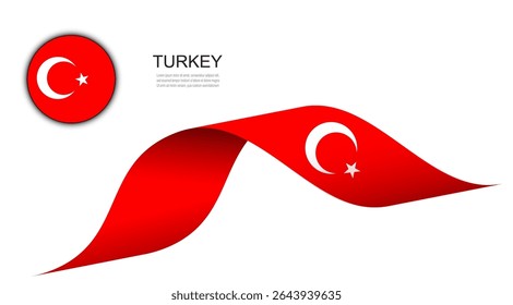 Bandeira da Turquia na fita ondulante e botão de círculo, ilustração de design de vetor de bandeiras turcas.