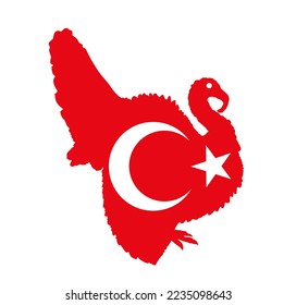 Turkey flag over turkey bird vector silhouette illustration isolated on white background. National patriotic symbol half moon and star over animal bird. Tourism travel and trade invite banner.