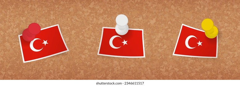 Turkey flag pinned in cork board, three versions of Turkey flag. Vector pushpins and flag set.